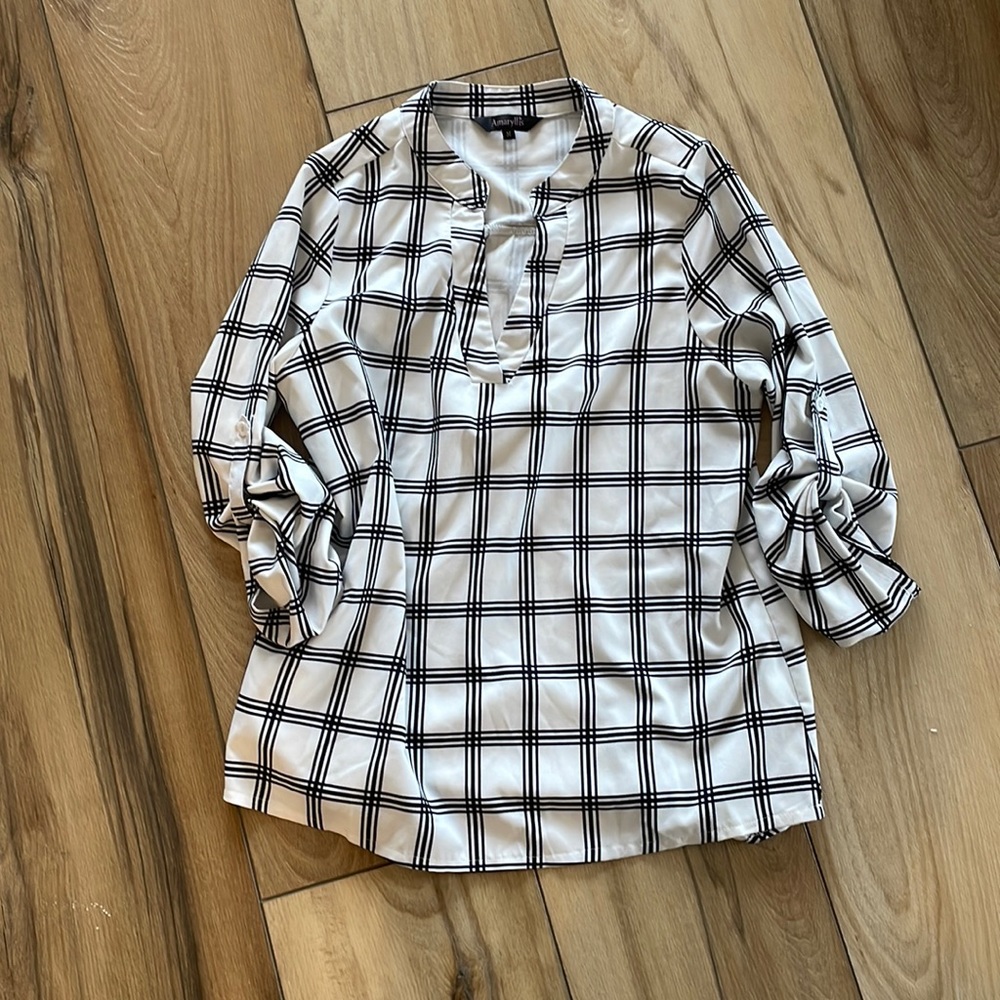 Tunic Length Black and White Check Pattern Shirt - Size M